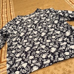 Lands' End Navy Blue and Mint Green Floral Long Sleeve Tee, 100% Cotton, M